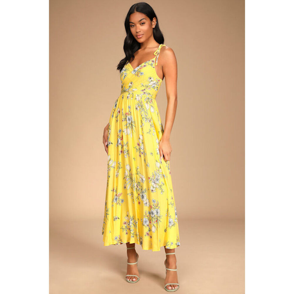 Lulus Meadow Flowers Yellow Multi Floral Print Tie-strap Maxi Dress - Size S